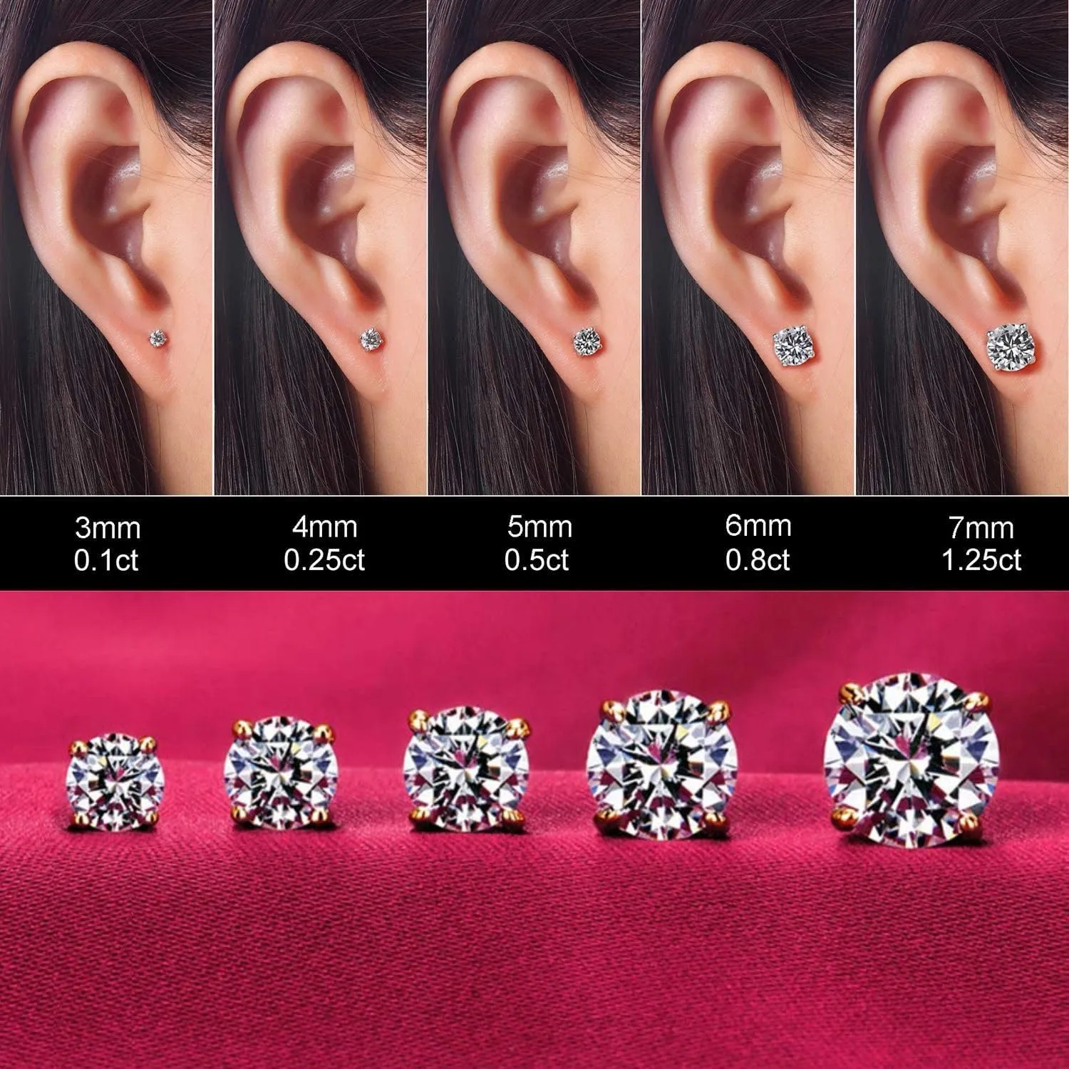 Kainier Women's 14K Gold Plated CZ Stud Earrings Simulated Diamond Round Cubic Zirconia Ear Stud Set5 Pairs)