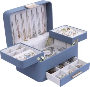 KAMIER Jewelry Box, 3 Layers Jewelry Organizer with Drawers, PU Leather Jewelry Storage Organizer for Earring, Ring, Necklace, Bracelets, Christmas Gift, Bluish Grey