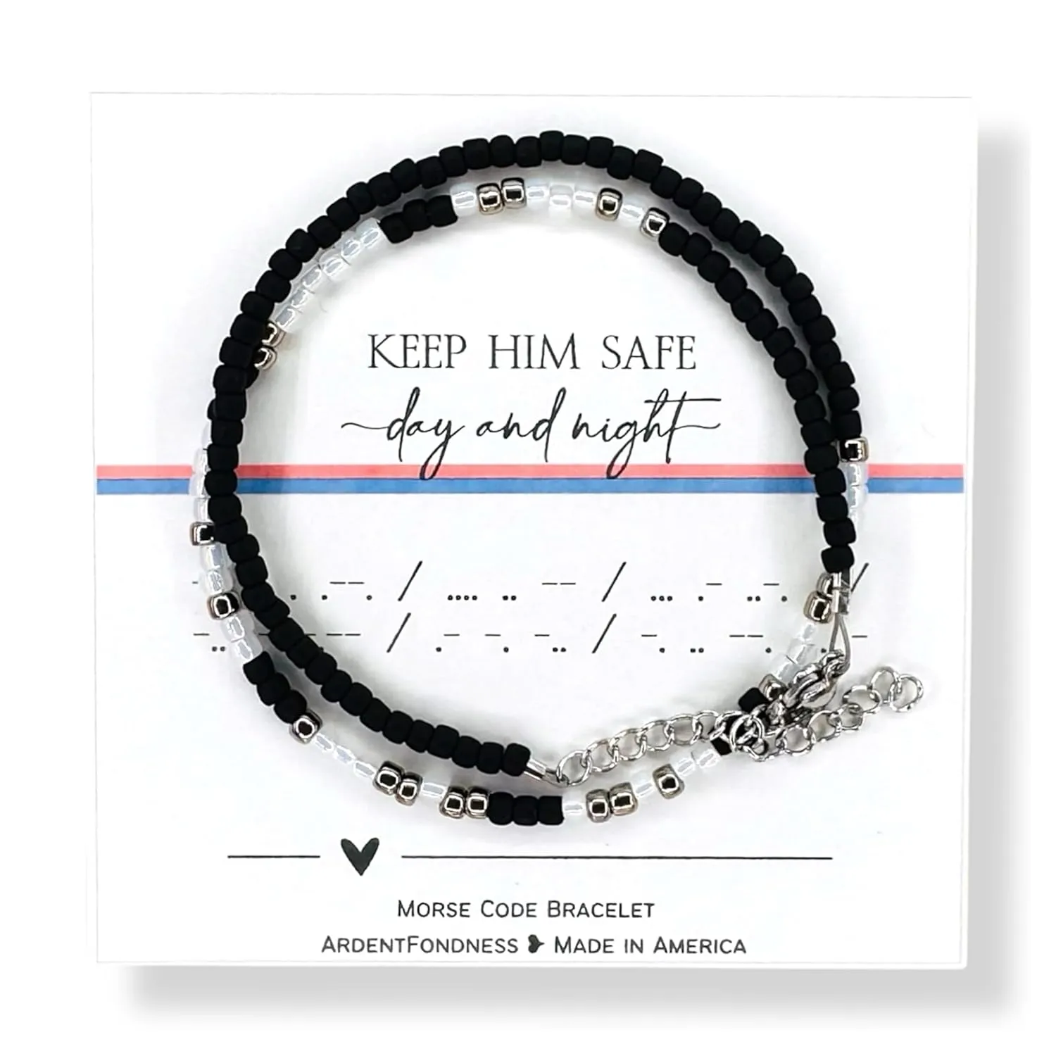 Keep Him Safe Day And Night Morse Code Beaded Wrap Bracelet for Military Mom, Deployment Gift for Mom Wife Girlfriend Grandma Sister Best Friend Prayer Stay Safe Navy Gold and White US USA