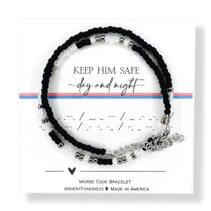 Keep Him Safe Day And Night Morse Code Beaded Wrap Bracelet for Military Mom, Deployment Gift for Mom Wife Girlfriend Grandma Sister Best Friend Prayer Stay Safe Navy Gold and White US USA