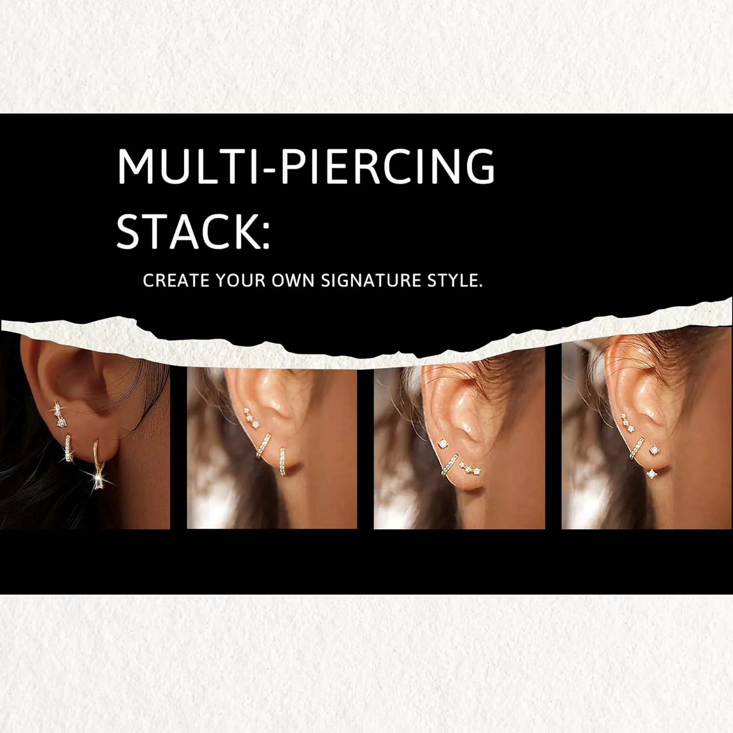 KELMALL 3/4 Pairs Gold Hoop Earrings Set for Women: Small 14K Real Gold Cartilage Huggie CZ Dangle Ear Cuffs Non Piercing Hypoallergenic Jewelry for Multiple Piercing