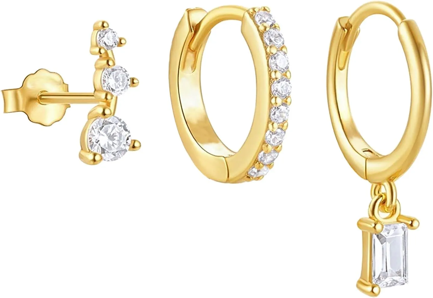 KELMALL 3/4 Pairs Gold Hoop Earrings Set for Women: Small 14K Real Gold Cartilage Huggie CZ Dangle Ear Cuffs Non Piercing Hypoallergenic Jewelry for Multiple Piercing