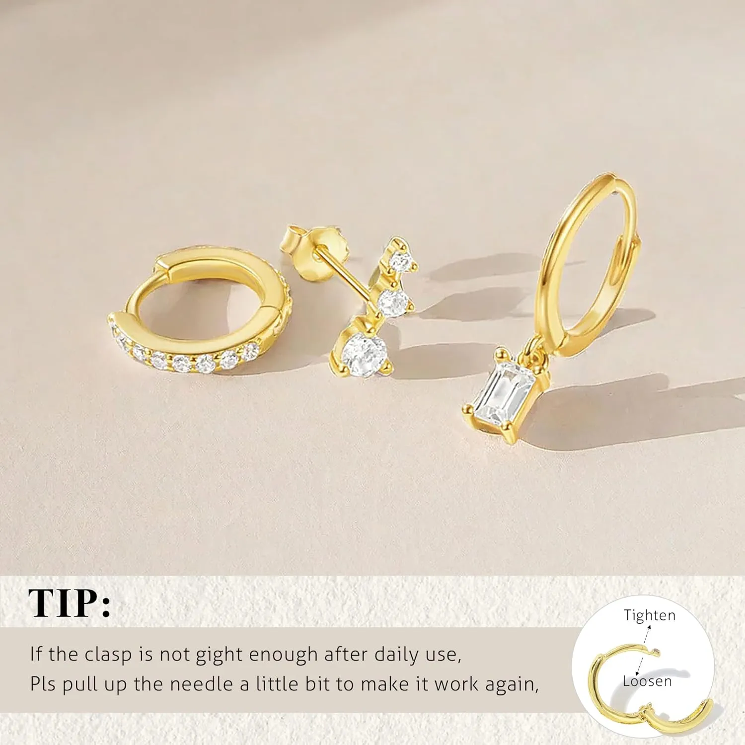 KELMALL 3/4 Pairs Gold Hoop Earrings Set for Women: Small 14K Real Gold Cartilage Huggie CZ Dangle Ear Cuffs Non Piercing Hypoallergenic Jewelry for Multiple Piercing