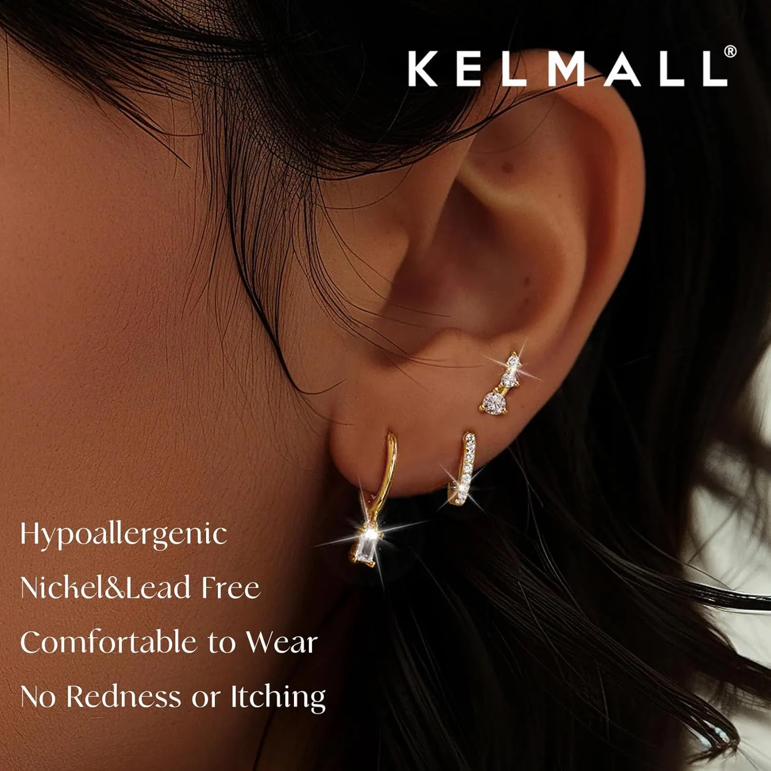 KELMALL 3/4 Pairs Gold Hoop Earrings Set for Women: Small 14K Real Gold Cartilage Huggie CZ Dangle Ear Cuffs Non Piercing Hypoallergenic Jewelry for Multiple Piercing