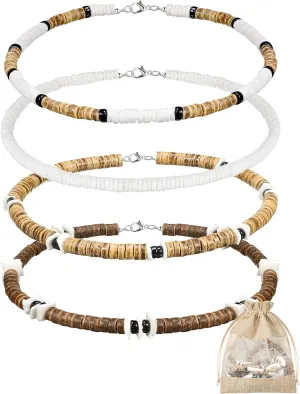 Kigeli 4 Pieces Puka Shell Necklace for Men, Surfer Choker Seashell Hawaiian Necklace Beach Chokers with Gift Bag