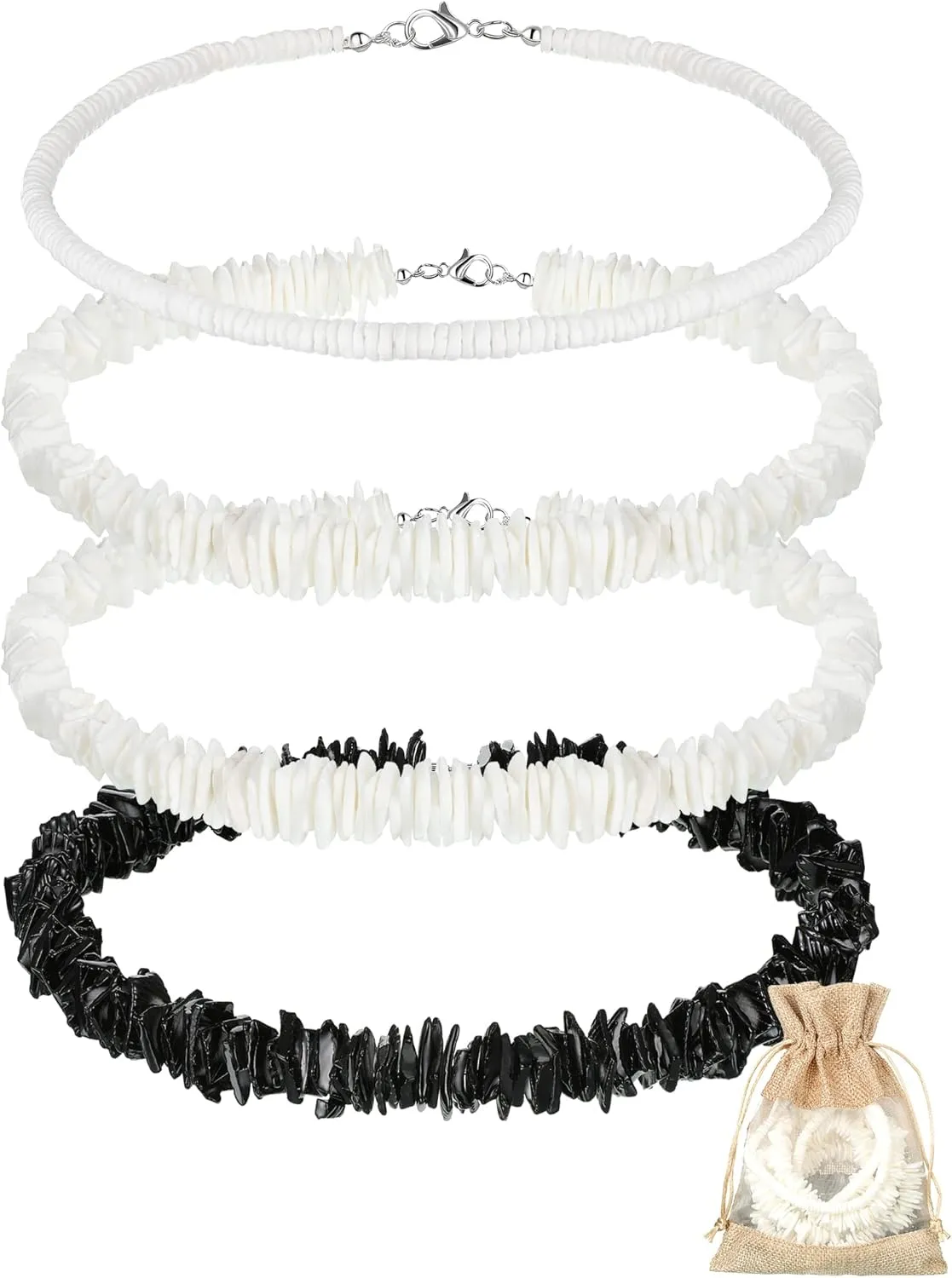 Kigeli 4 Pieces Puka Shell Necklace for Men, Surfer Choker Seashell Hawaiian Necklace Beach Chokers with Gift Bag
