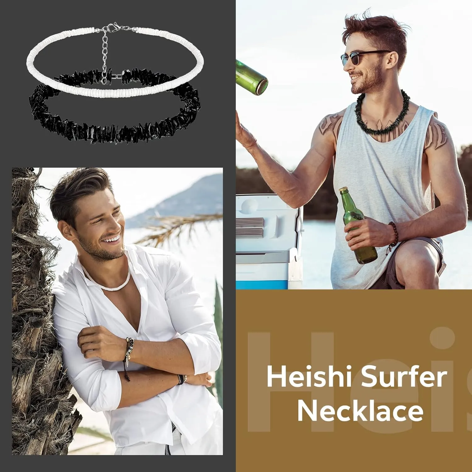 Kigeli 4 Pieces Puka Shell Necklace for Men, Surfer Choker Seashell Hawaiian Necklace Beach Chokers with Gift Bag