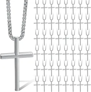 Kigeli 48 Pcs Cross Necklace Bulk Silver Stainless Steel Cross Pendant Chain Necklace for Men Birthday Gift Christian Gift Daily Decoration Faith
