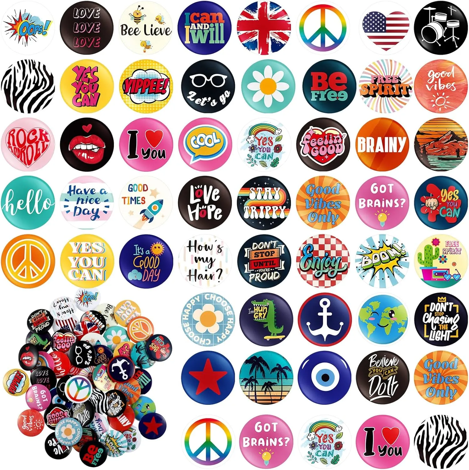 Kigeli 80's Buttons Pins 1 Inch/ 25 mm Retro Punk Button Pin Slogans Sayings Pinback for Backpacks Bags Hats Jeans(100 Pcs)