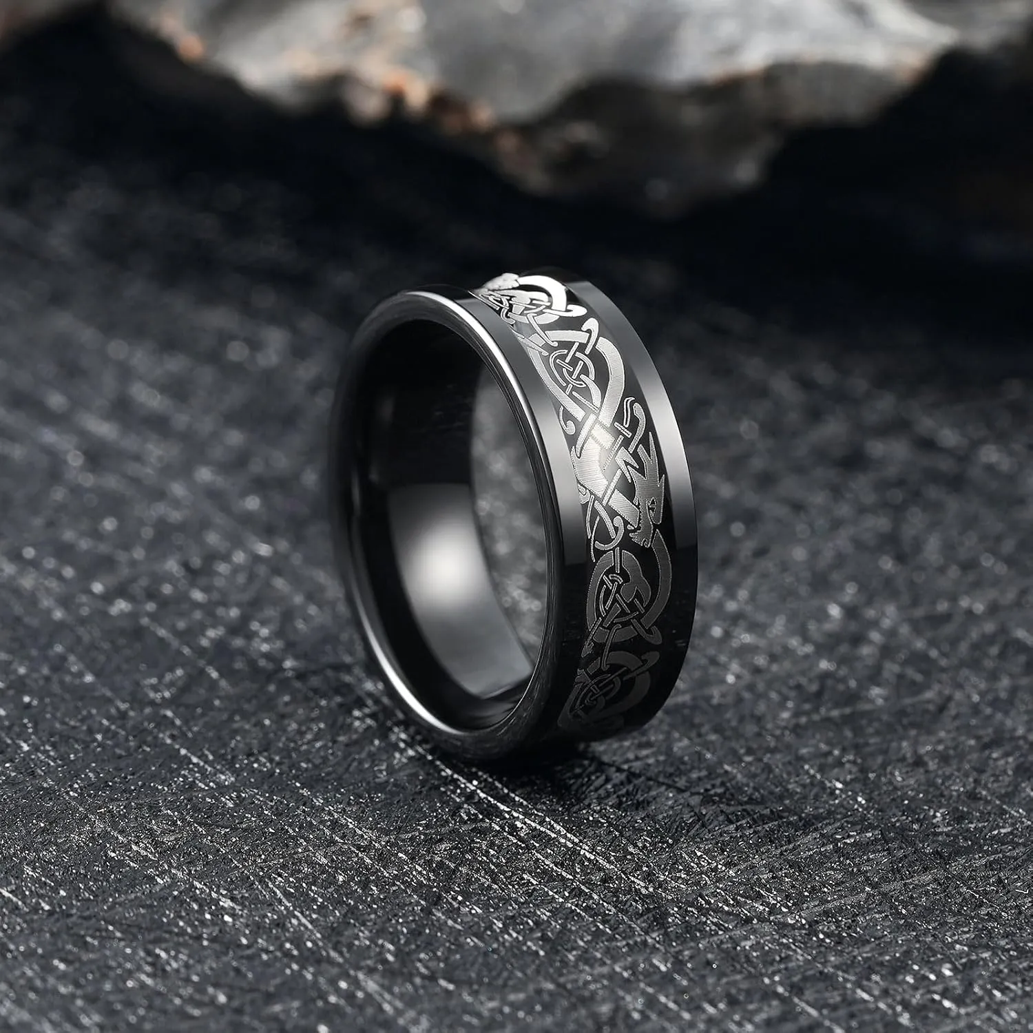 King Will 8mm Men's Wedding Band Ring Concave Silver/Black Celtic Dragon Tungsten Carbide Ring Flat Pipe Cut Edge Matte Brushed Finish Comfort Fit Size 7-14
