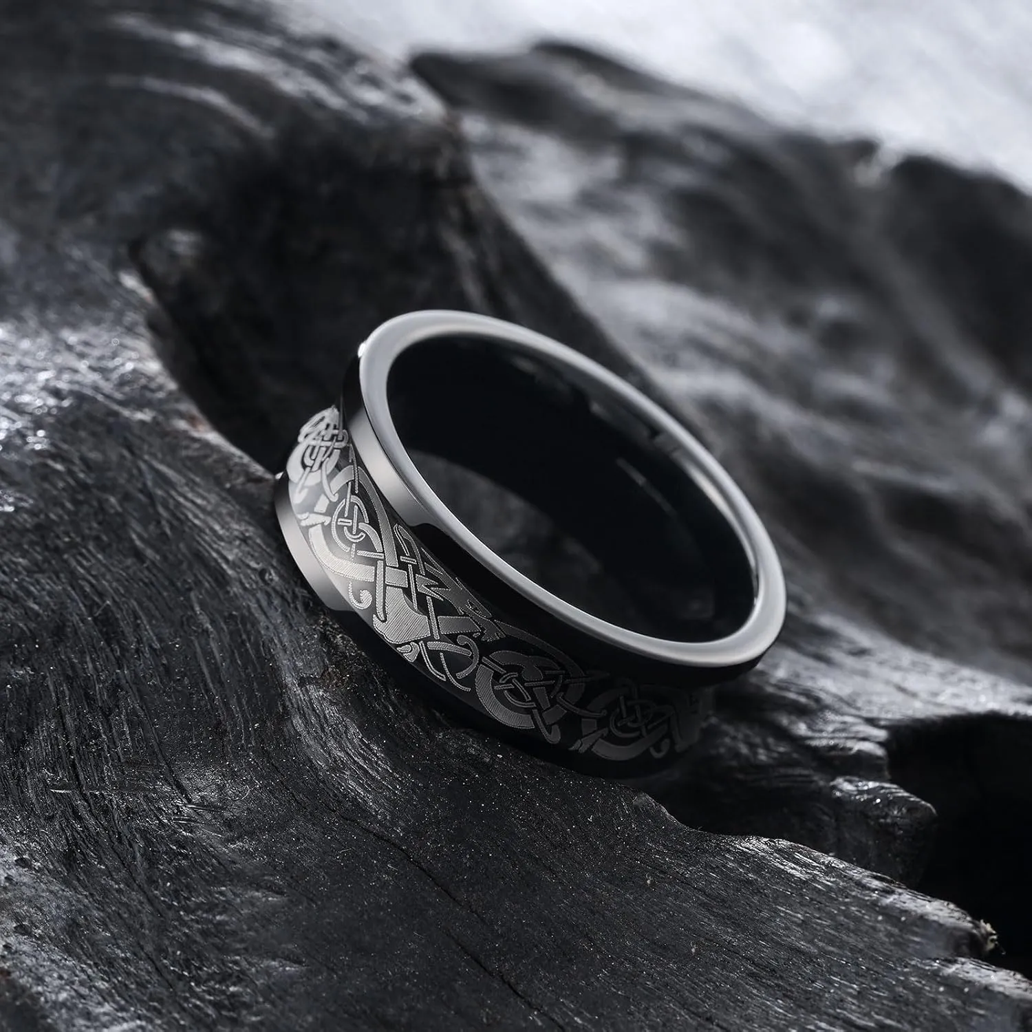 King Will 8mm Men's Wedding Band Ring Concave Silver/Black Celtic Dragon Tungsten Carbide Ring Flat Pipe Cut Edge Matte Brushed Finish Comfort Fit Size 7-14