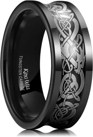 King Will 8mm Men's Wedding Band Ring Concave Silver/Black Celtic Dragon Tungsten Carbide Ring Flat Pipe Cut Edge Matte Brushed Finish Comfort Fit Size 7-14