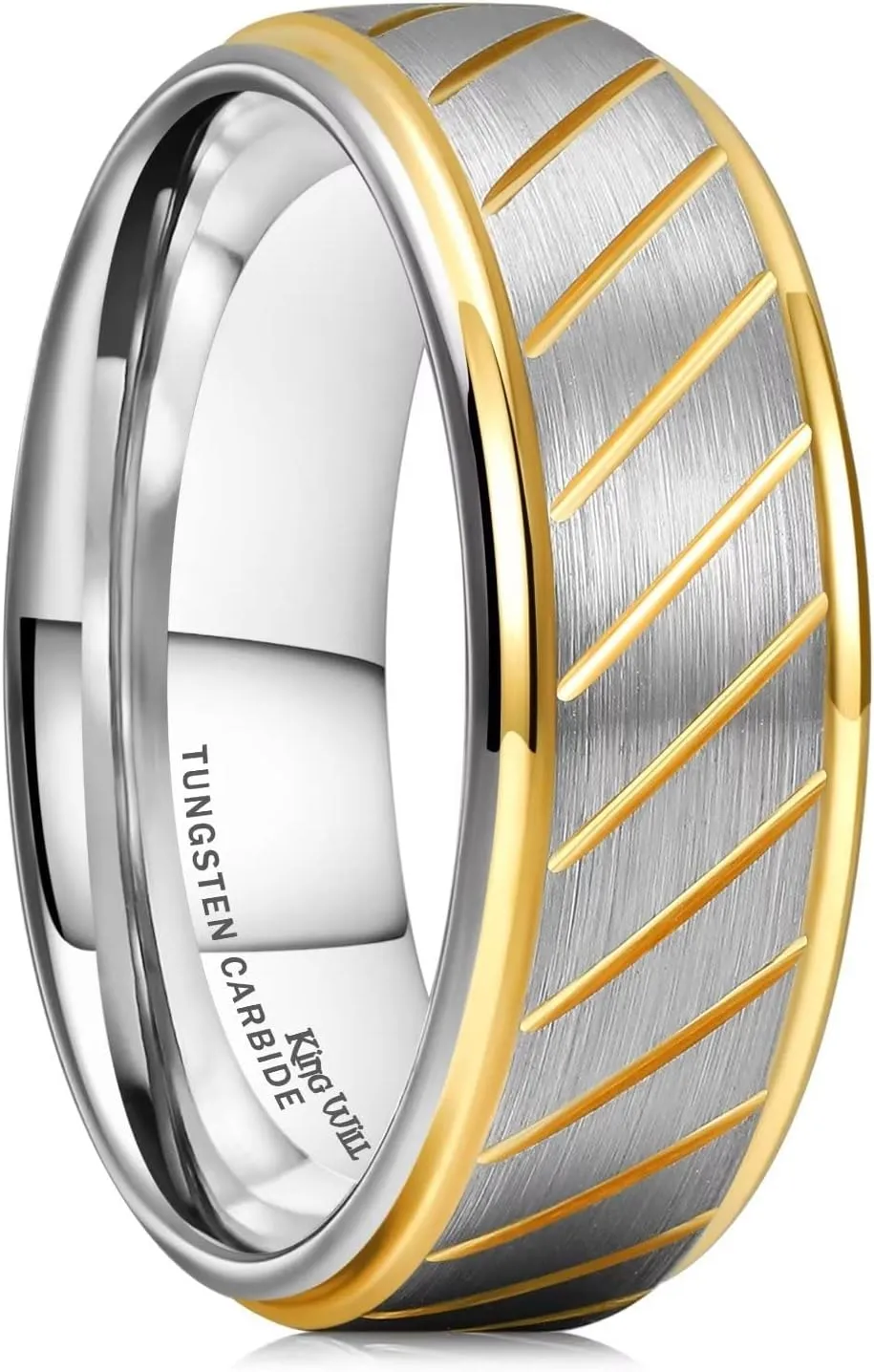 King Will 8mm Silver Gold Groove Tungsten Rings Multiple Oblique Groove Lines Men Wedding Bands Gold Step Edge Silver Surface Promise Engagement 12.5