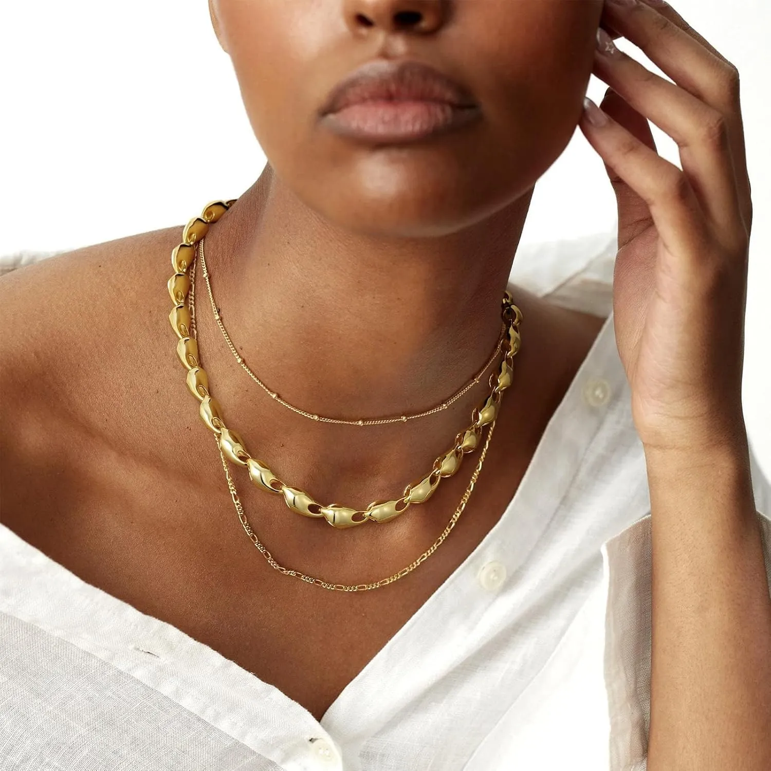 KissYan Gold Necklace for Women Men, 14K Gold Plated Chunky Chain Necklace Fashion Reflect Large Link Choker, Adjustable Trendy Statement Handmade Jewelry