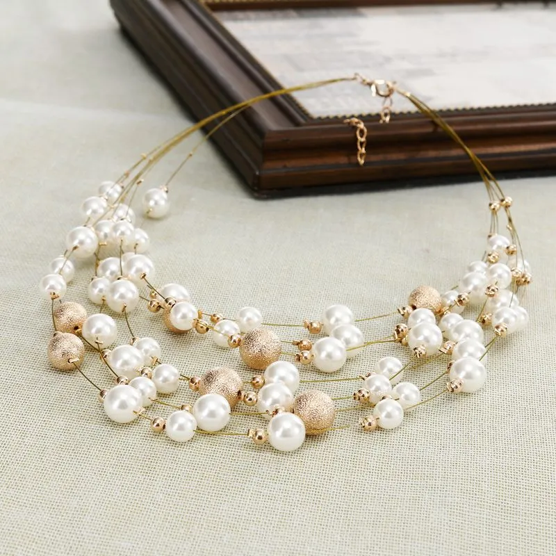 KMVEXO 2020 New Fashion Jewelry Gold Color Multi Layer Chains Imitation Pearl Necklaces For Women Party Wedding Bride Necklace