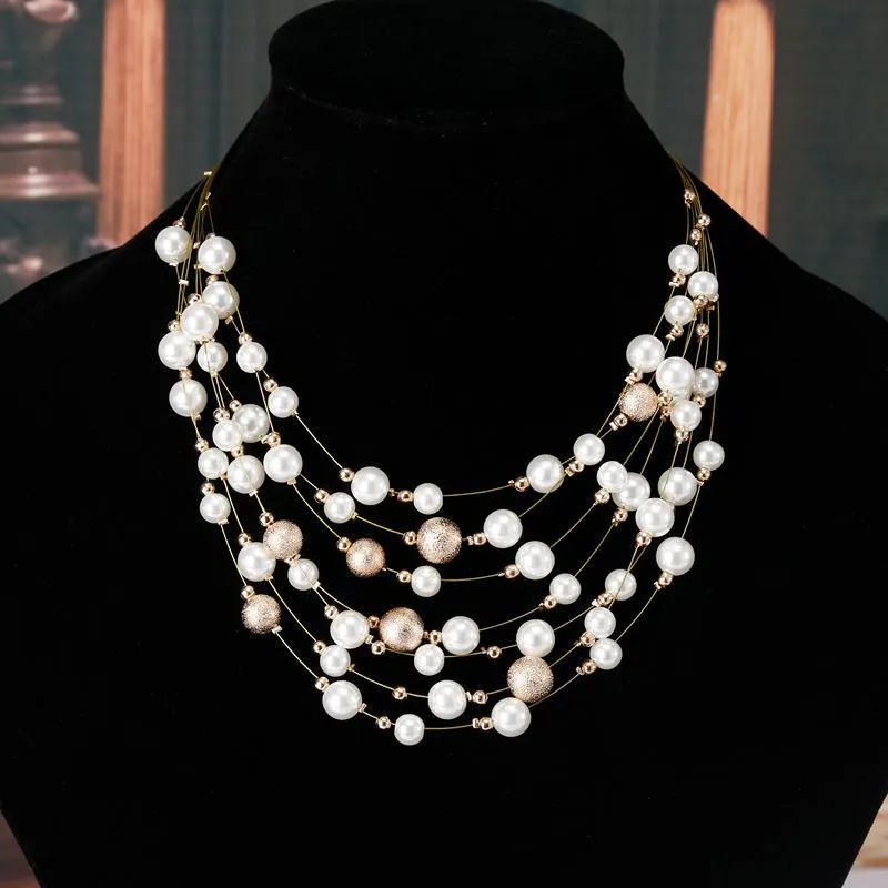 KMVEXO 2020 New Fashion Jewelry Gold Color Multi Layer Chains Imitation Pearl Necklaces For Women Party Wedding Bride Necklace