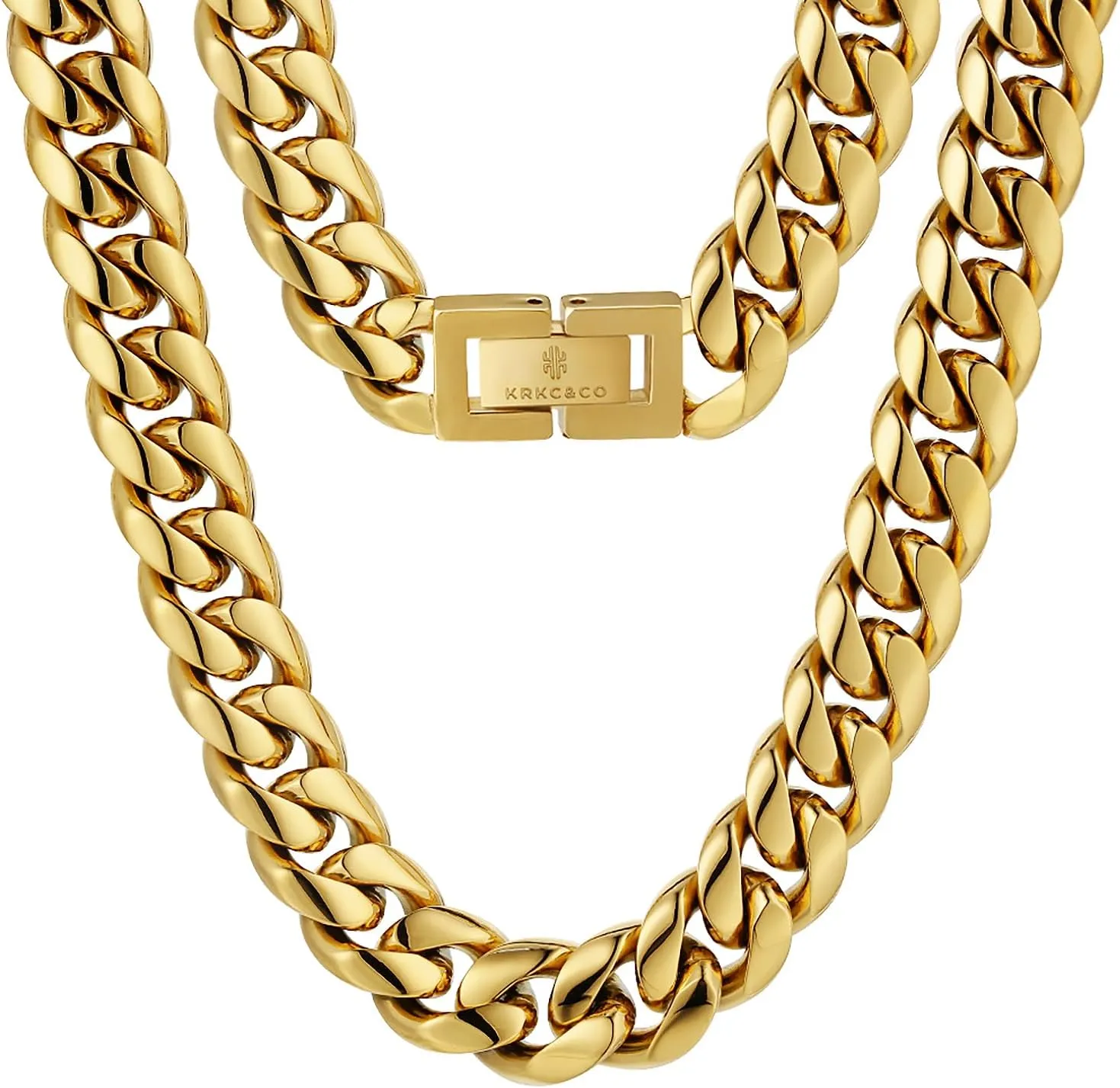 KRKC&CO 8/10/12/14mm Cuban Link Chain for Men, 18k Gold Miami Necklaces, Durable, Anti-Allergies Hypoallergenic Hip Hop Men's Jewelry Gift for Him, 18-26in
