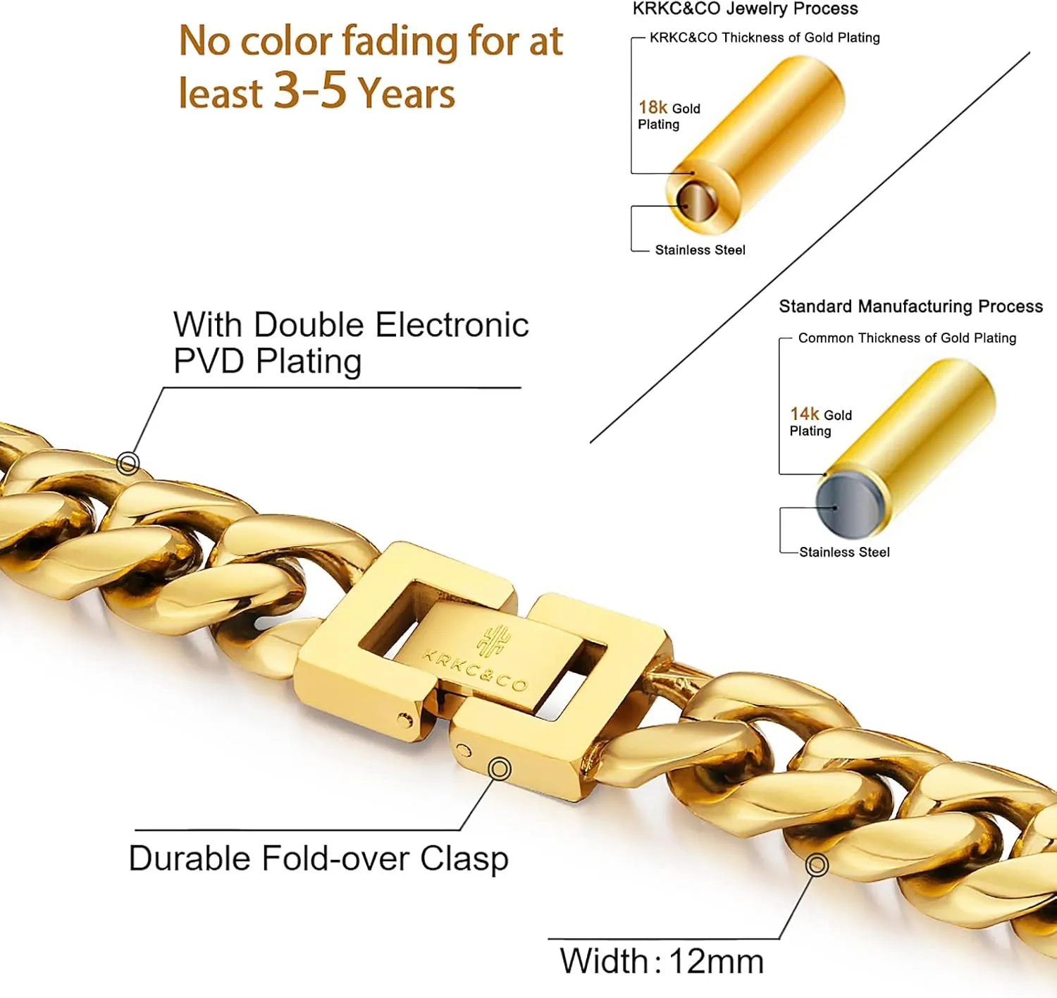 KRKC&CO 8/10/12/14mm Cuban Link Chain for Men, 18k Gold Miami Necklaces, Durable, Anti-Allergies Hypoallergenic Hip Hop Men's Jewelry Gift for Him, 18-26in