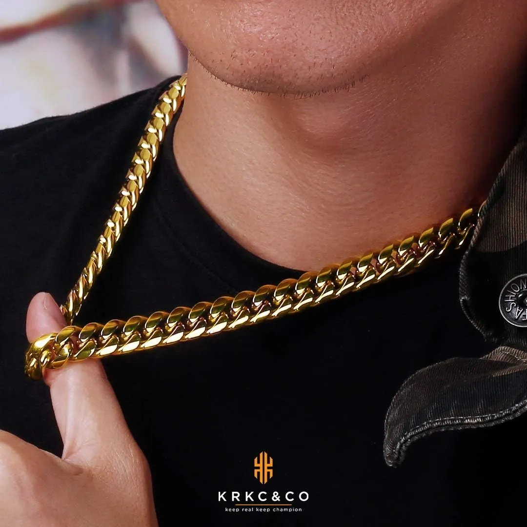 KRKC&CO 8/10/12/14mm Cuban Link Chain for Men, 18k Gold Miami Necklaces, Durable, Anti-Allergies Hypoallergenic Hip Hop Men's Jewelry Gift for Him, 18-26in