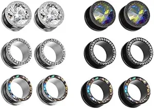 KUNIU 12PCS CZ Gems Ear Tunnels Plugs Gauges Seashell Floral Screws Stretcher Expander Set Piercing Jewelry 2g-3/4