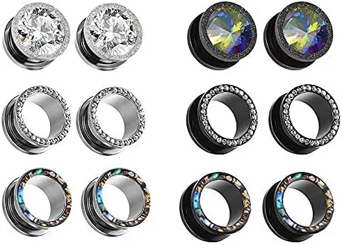 KUNIU 12PCS CZ Gems Ear Tunnels Plugs Gauges Seashell Floral Screws Stretcher Expander Set Piercing Jewelry 2g-3/4
