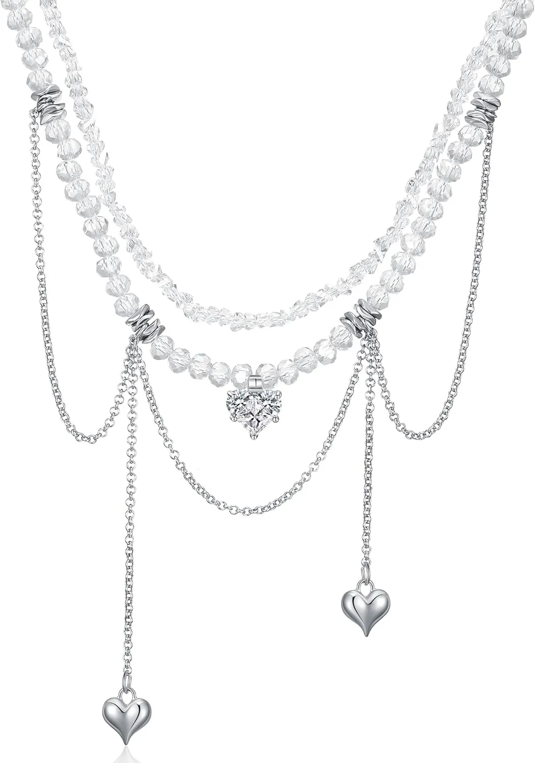 KURTCB Y2k Heart Necklace Layered Rhinestone Heart Beads Fringe Collarbone Choker Necklace for Women