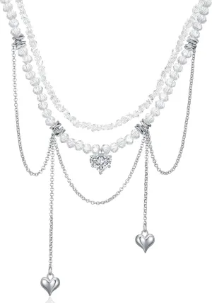 KURTCB Y2k Heart Necklace Layered Rhinestone Heart Beads Fringe Collarbone Choker Necklace for Women