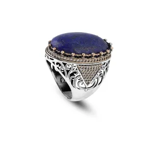 Lapis Lazuli Ring with Micro Sapphire | Chunky Sterling Silver Ring | Handmade Engagement Ring for Men | Ottoman Style Vintage Gemstone Jewelry | Custom Engraving Available (14)