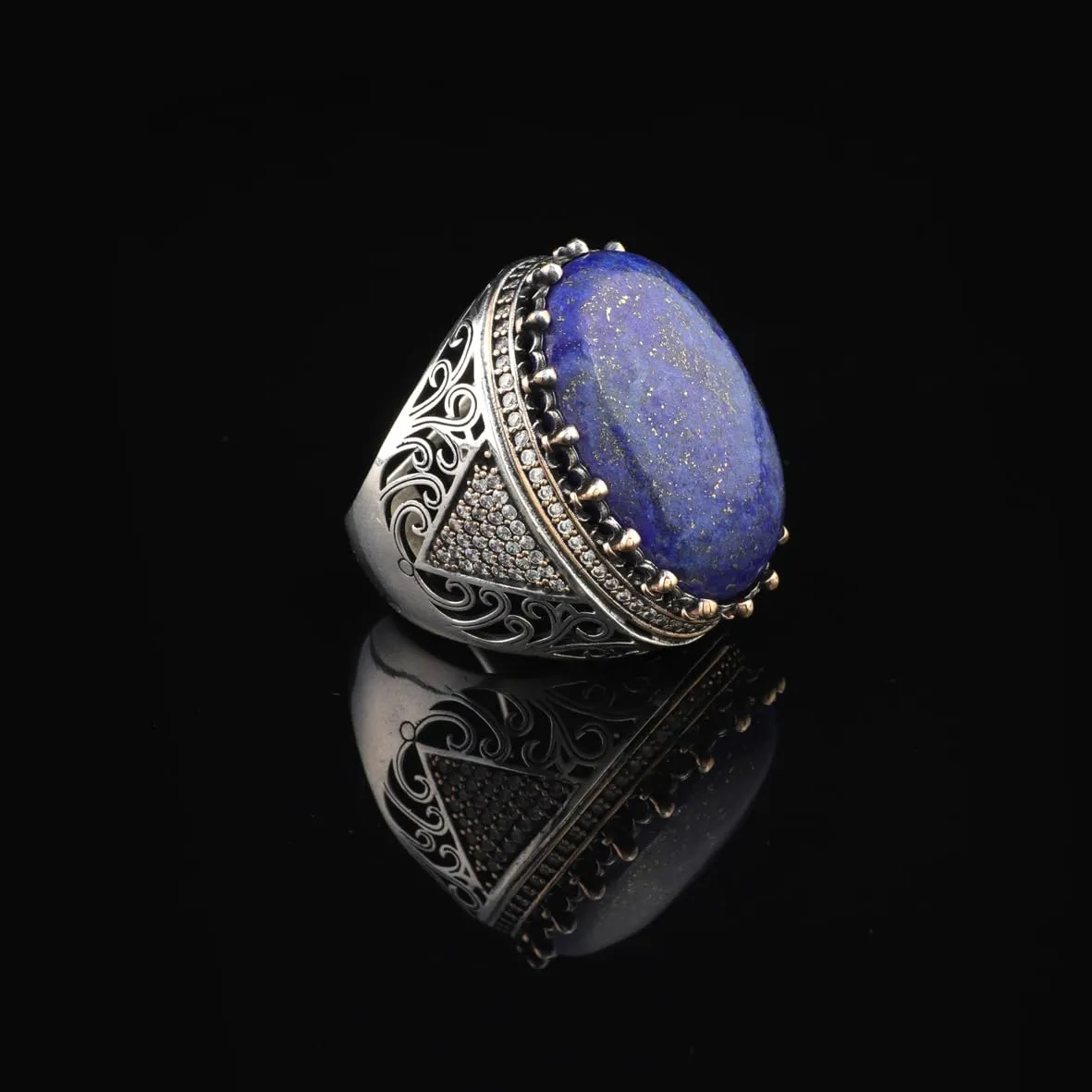 Lapis Lazuli Ring with Micro Sapphire | Chunky Sterling Silver Ring | Handmade Engagement Ring for Men | Ottoman Style Vintage Gemstone Jewelry | Custom Engraving Available (14)