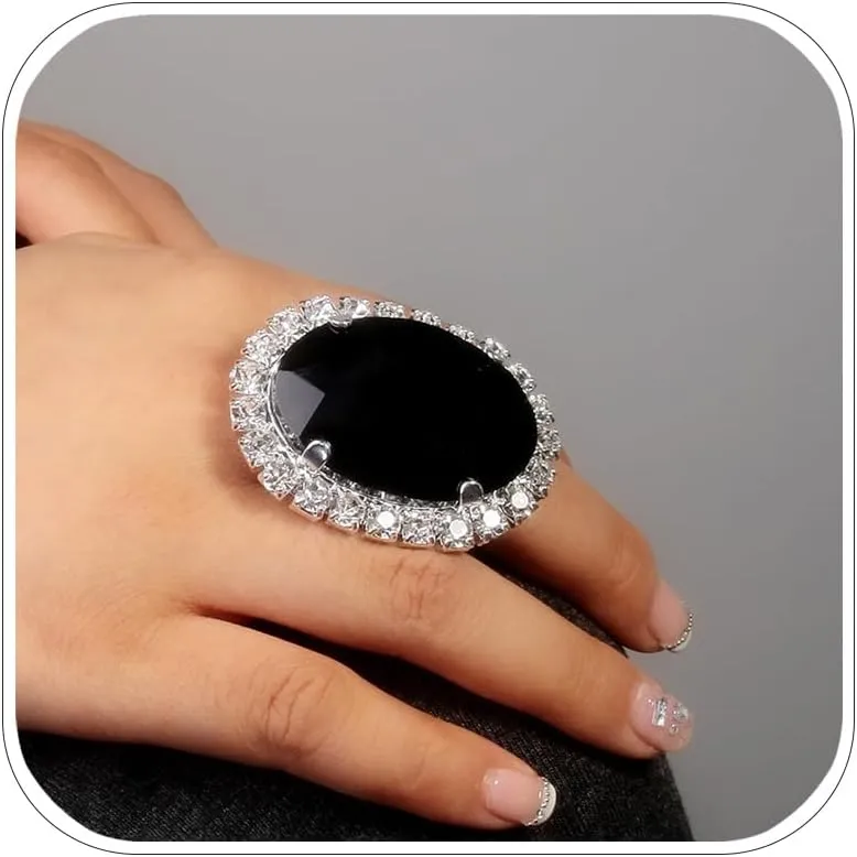Large Black Rhinestone Rings for Women Finger Oversized Crystal Statement Ring Costume Jewelry