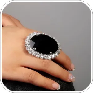 Large Black Rhinestone Rings for Women Finger Oversized Crystal Statement Ring Costume Jewelry