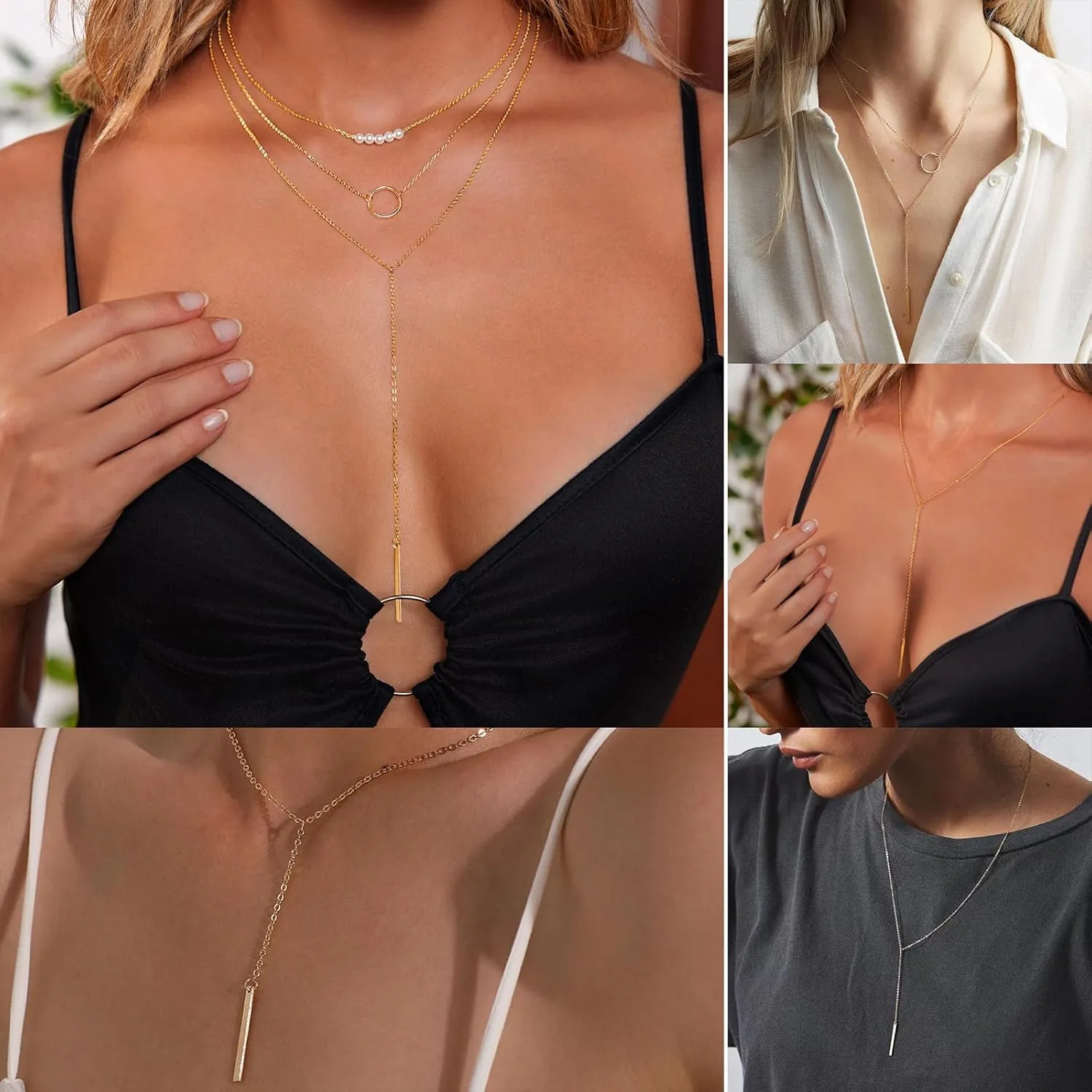 Lariat Gold Necklace for Women Dainty Long Necklace 14k Gold Plated/Silver Y-Shaped Pendant Drop Chain Trendy Layered Pearl/Beaded/CZ Necklaces Simple Gold Jewelry