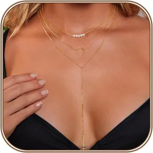 Lariat Gold Necklace for Women Dainty Long Necklace 14k Gold Plated/Silver Y-Shaped Pendant Drop Chain Trendy Layered Pearl/Beaded/CZ Necklaces Simple Gold Jewelry
