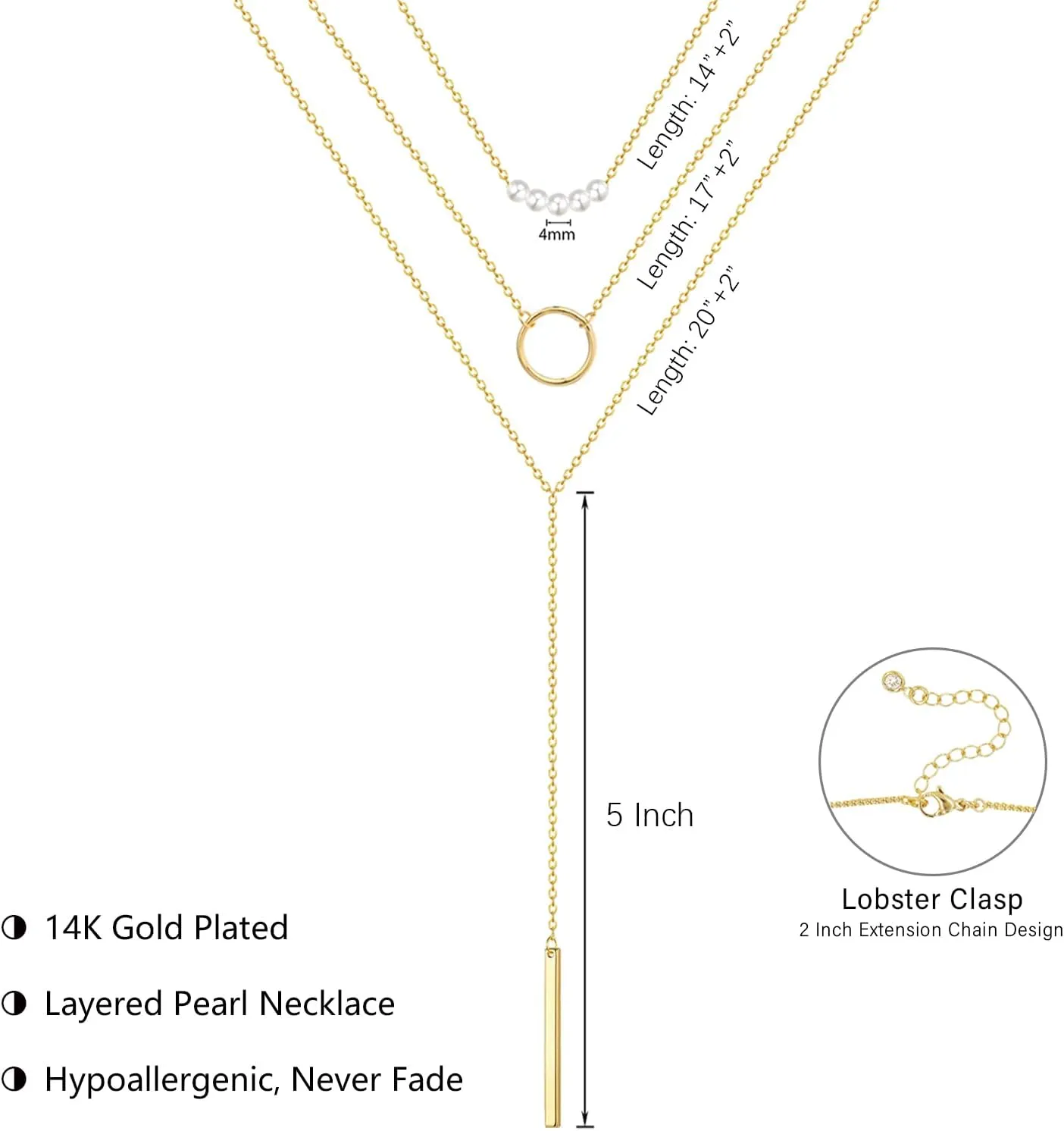 Lariat Gold Necklace for Women Dainty Long Necklace 14k Gold Plated/Silver Y-Shaped Pendant Drop Chain Trendy Layered Pearl/Beaded/CZ Necklaces Simple Gold Jewelry