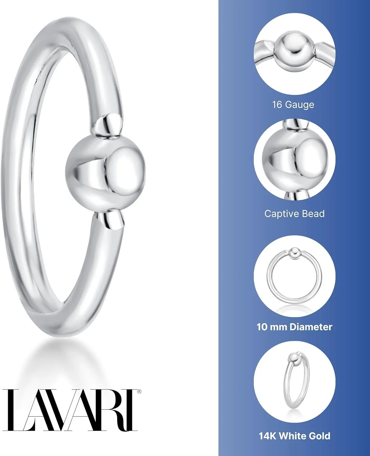 Lavari Jewelers 16 Gauge Captive Bead Hoop Nose Ring for Women and Men - 14k White Gold 3/8 Inches Eyebrow Cartilage Tragus - Unisex Hypoallergenic Nostril Piercing Jewelry - 16G Body Piercing