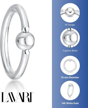 Lavari Jewelers 16 Gauge Captive Bead Hoop Nose Ring for Women and Men - 14k White Gold 3/8 Inches Eyebrow Cartilage Tragus - Unisex Hypoallergenic Nostril Piercing Jewelry - 16G Body Piercing