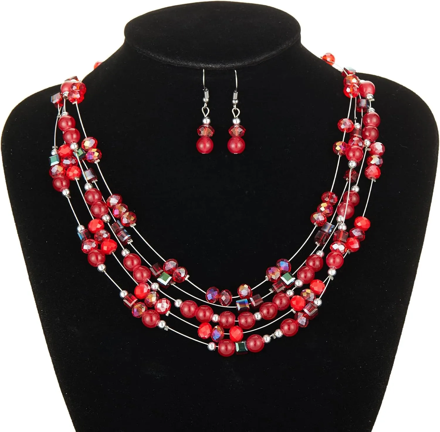 Layered Chunky Statement Necklace for Women Colorful Boho Beaded Necklaces and Earring Set Fashion Costume Jewelry for Women