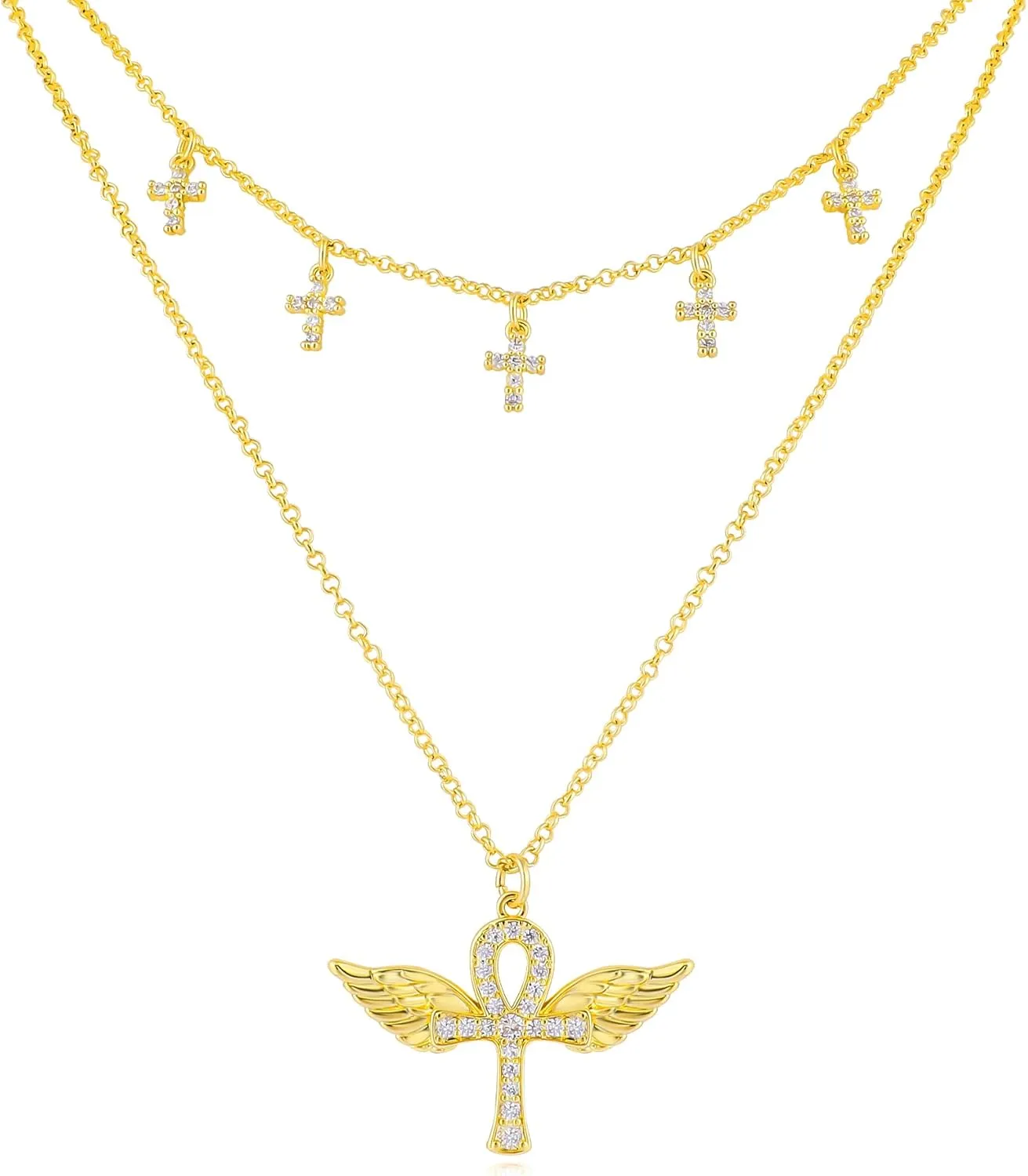 Layered Gold Charm Necklace for Women 14K Gold Plated Vintage Blessed Cross Wing Love Heart Butterfly Pendant Necklace Dainty Cubic Zirconia Cross Charm Choker Necklace Adjustable Trendy Jewelry Gift