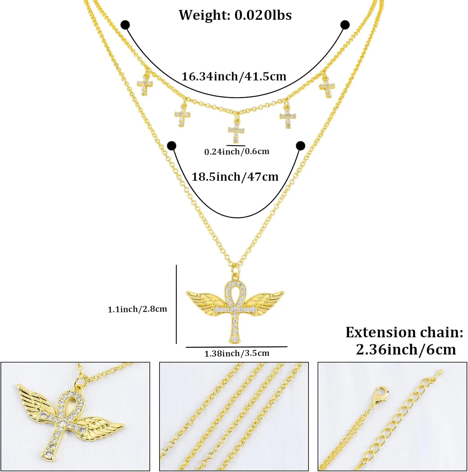 Layered Gold Charm Necklace for Women 14K Gold Plated Vintage Blessed Cross Wing Love Heart Butterfly Pendant Necklace Dainty Cubic Zirconia Cross Charm Choker Necklace Adjustable Trendy Jewelry Gift