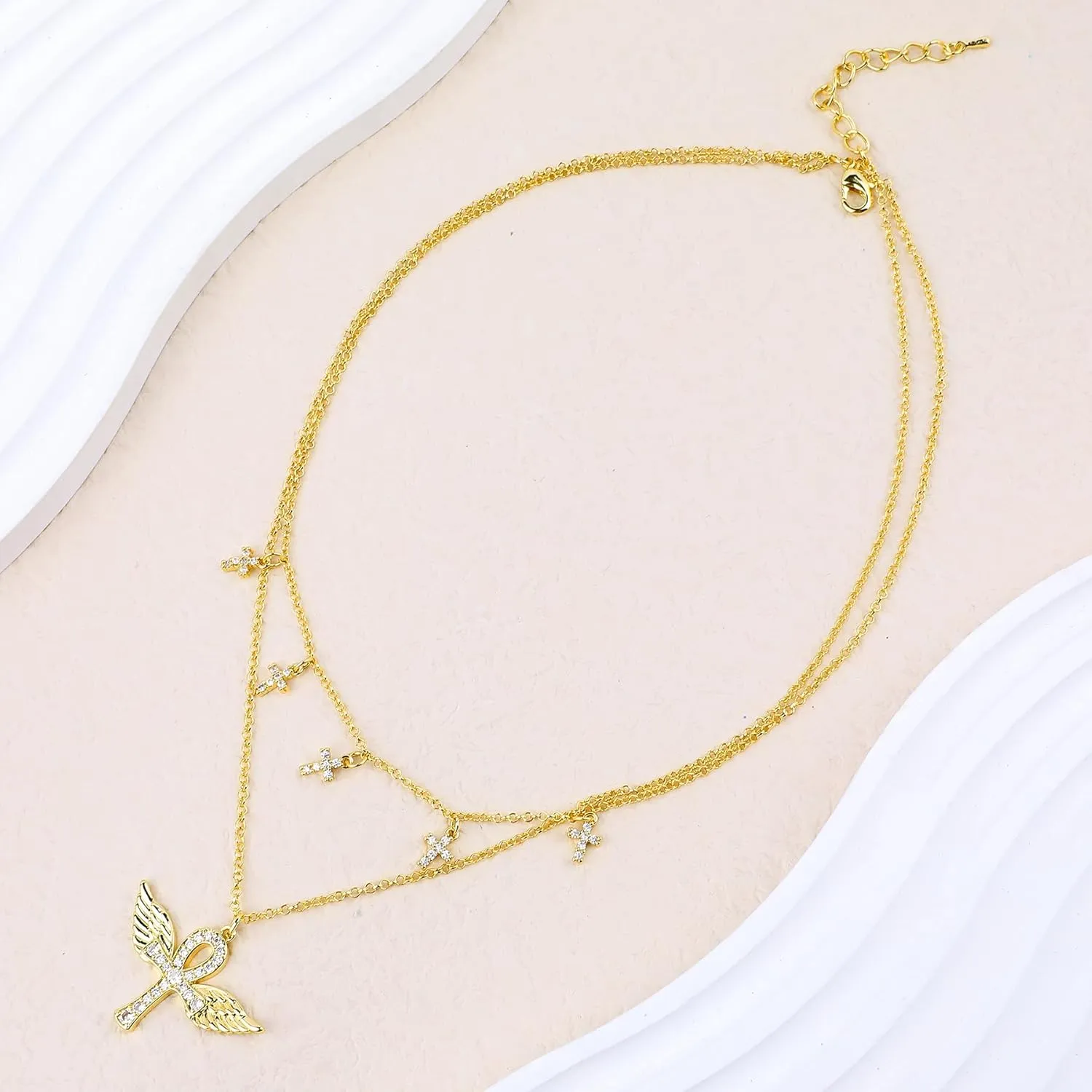 Layered Gold Charm Necklace for Women 14K Gold Plated Vintage Blessed Cross Wing Love Heart Butterfly Pendant Necklace Dainty Cubic Zirconia Cross Charm Choker Necklace Adjustable Trendy Jewelry Gift