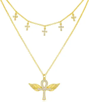 Layered Gold Charm Necklace for Women 14K Gold Plated Vintage Blessed Cross Wing Love Heart Butterfly Pendant Necklace Dainty Cubic Zirconia Cross Charm Choker Necklace Adjustable Trendy Jewelry Gift