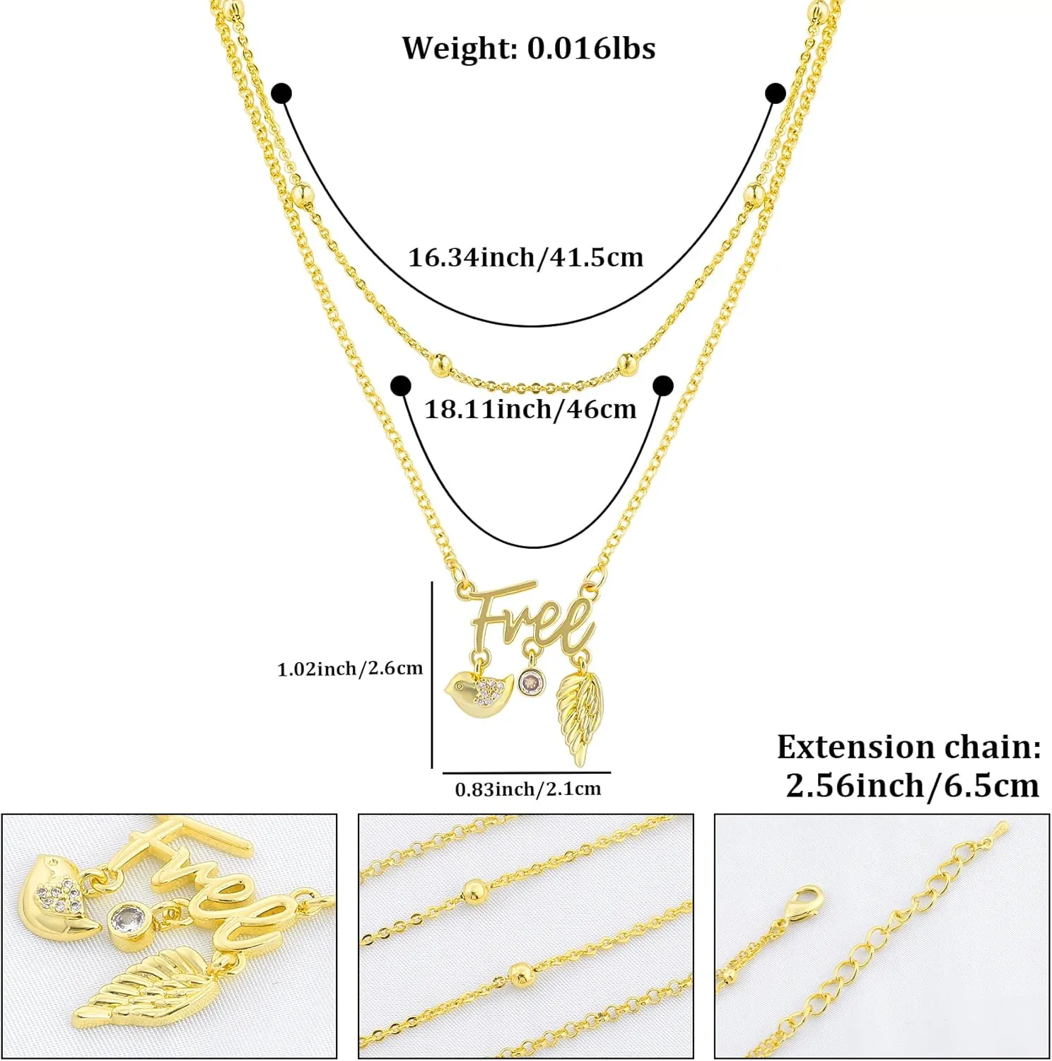 Layered Gold Letter Necklace for Women 14K Gold Plated Love Happy Free Pendant Necklace with Cute Cubic Zirconia Love Heart Smiley Face Bird Wing Charm Gold Ball Beads Adjustable Chain Jewelry Gift