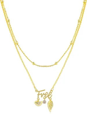 Layered Gold Letter Necklace for Women 14K Gold Plated Love Happy Free Pendant Necklace with Cute Cubic Zirconia Love Heart Smiley Face Bird Wing Charm Gold Ball Beads Adjustable Chain Jewelry Gift