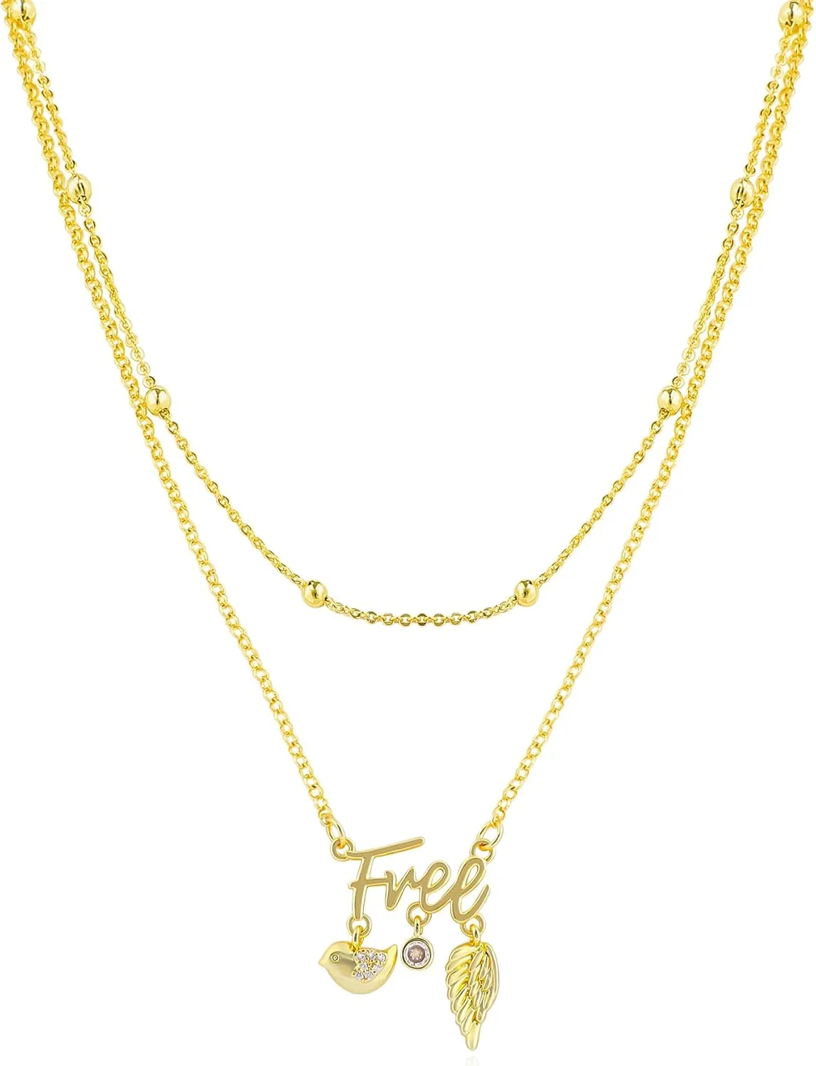 Layered Gold Letter Necklace for Women 14K Gold Plated Love Happy Free Pendant Necklace with Cute Cubic Zirconia Love Heart Smiley Face Bird Wing Charm Gold Ball Beads Adjustable Chain Jewelry Gift
