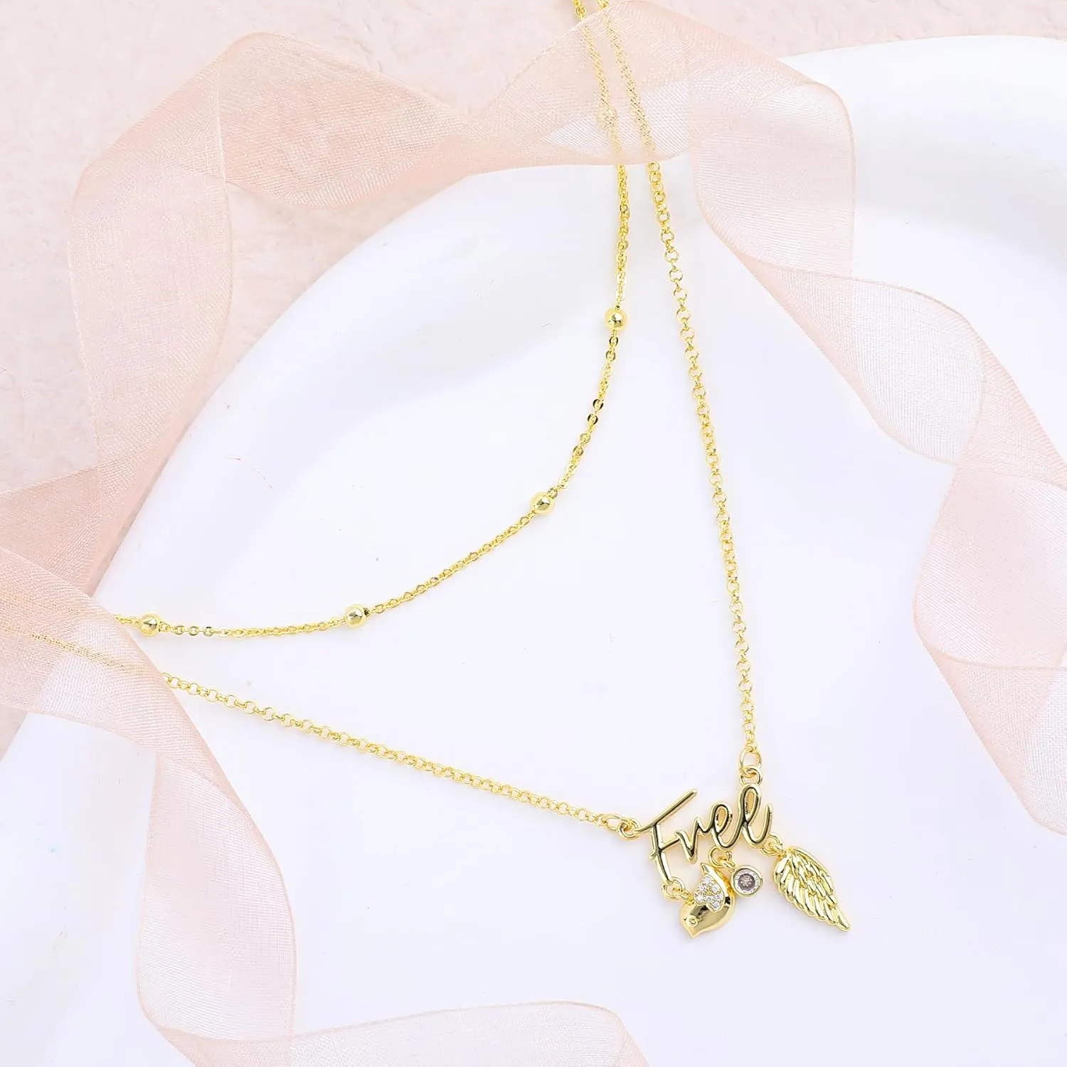 Layered Gold Letter Necklace for Women 14K Gold Plated Love Happy Free Pendant Necklace with Cute Cubic Zirconia Love Heart Smiley Face Bird Wing Charm Gold Ball Beads Adjustable Chain Jewelry Gift