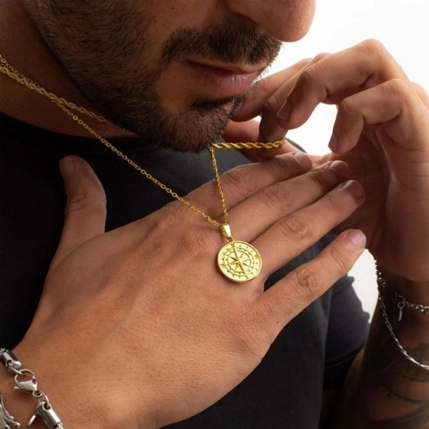Layered Gold Necklaces for Women Dainty Stackable Charm Choker 14K Gold Plated Compass Pendant Necklace Set Layering Figaro Chain Trendy Gold Jewelry