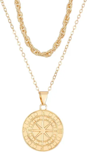 Layered Gold Necklaces for Women Dainty Stackable Charm Choker 14K Gold Plated Compass Pendant Necklace Set Layering Figaro Chain Trendy Gold Jewelry