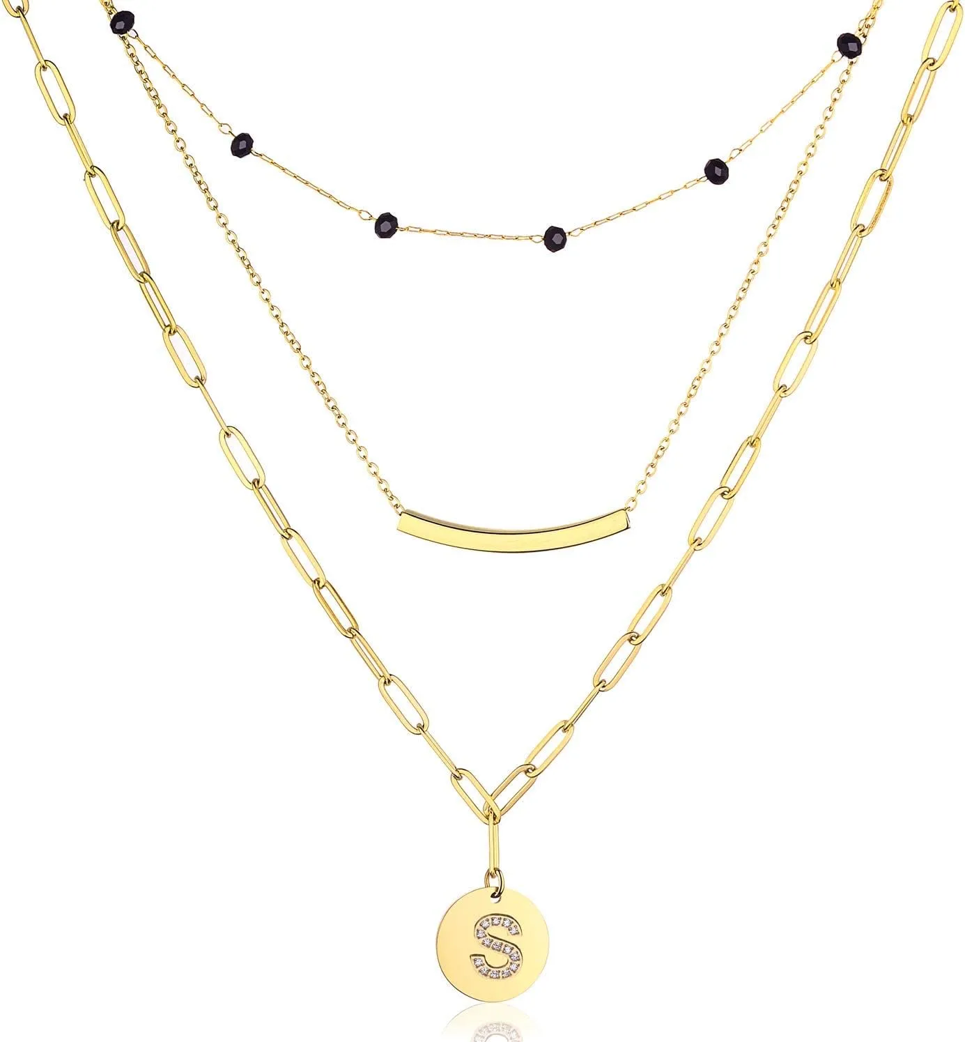 Layered Initial Necklaces for Women 14k Gold Diamond Initial Pendants A-Z-crystal Choker Necklace Handmade Stainless Steel Fashion Letter Necklace (S)