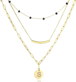 Layered Initial Necklaces for Women 14k Gold Diamond Initial Pendants A-Z-crystal Choker Necklace Handmade Stainless Steel Fashion Letter Necklace (S)