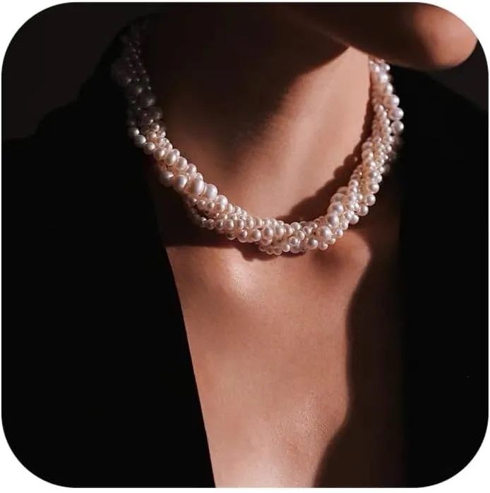Layered Pearl Necklace Simulated Pearl Chokers for Women Multi-Strand Pearl Statement Bridal Choker Necklace for Wedding Party
